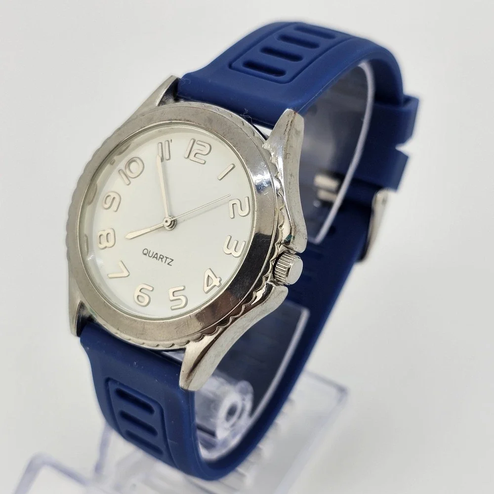 Men's Watch Analog 38MM White Dial Blue Plastic Bands‎ New Battery